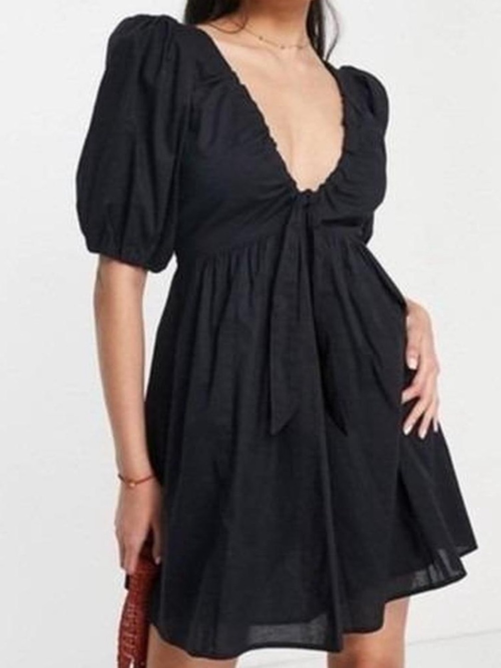 Abercrombie & Fitch Black Puff Sleeve Tie-Front Mini Dress